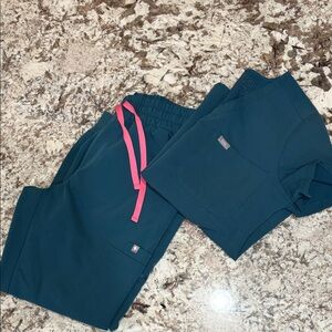 Figs Teal Joggers with Pink Drawstring